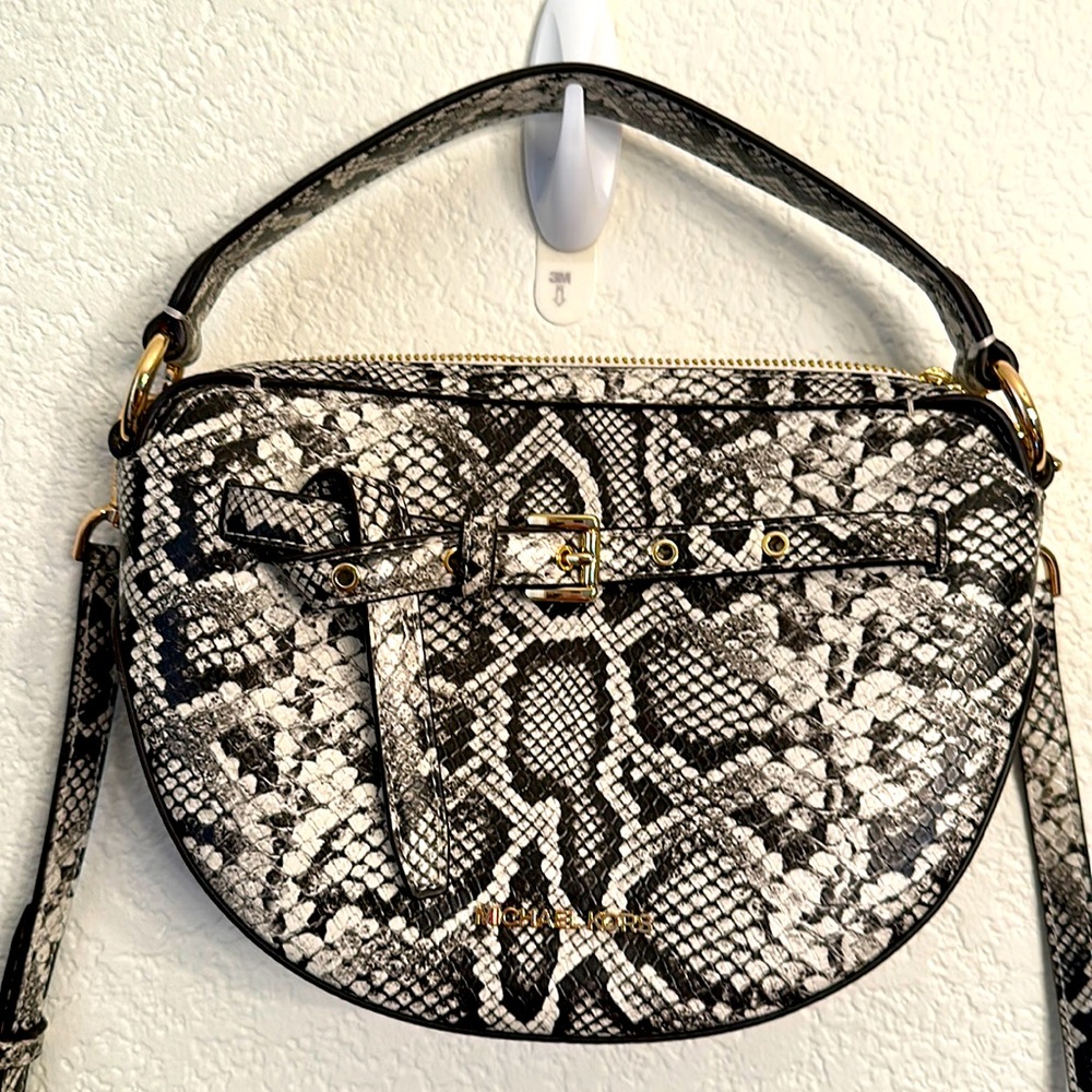 Michael Kors Emilia Half Moon Xbody Snakeskin Saddle Bag with handle and strap